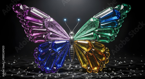 Vibrant crystal butterfly sculpture with iridescent wings on dark background