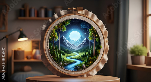 Mystical forest portal in a decorative oval frame on a wooden table