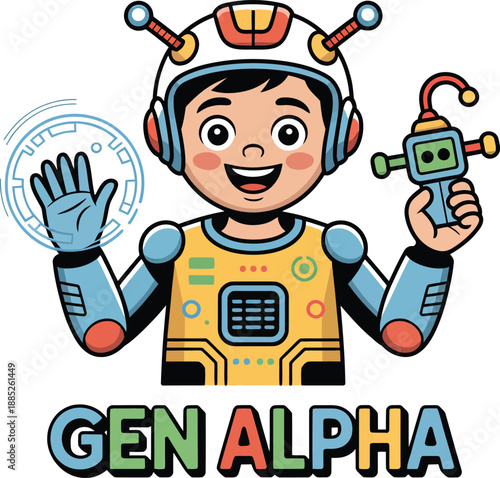 Gen Alpha vector cartoon with helmet, tech suit, ray gun device, holographic interface, cheerful gesture, and bold colorful text