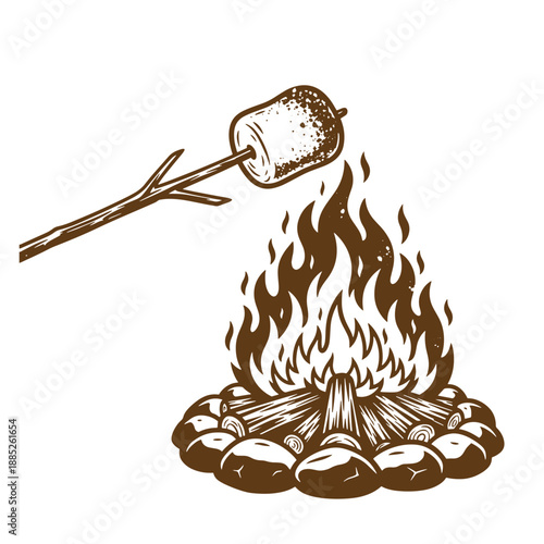 Drawing Vintage grunge  texture Brown illustration of a marshmallow on a stick over a campfire with flames and rocks