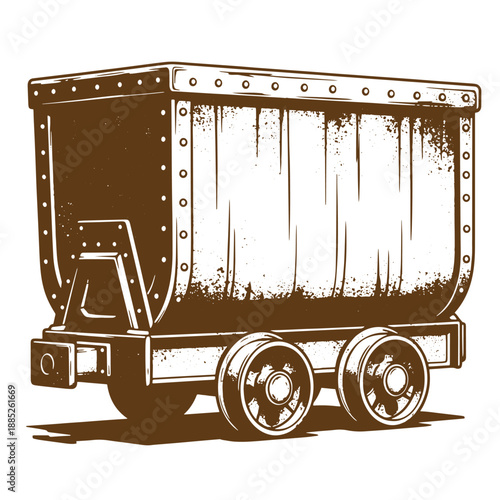 Drawing Vintage grunge  texture brown illustration of a vintage mine cart on rails with a weathered metal body and rivets on white background