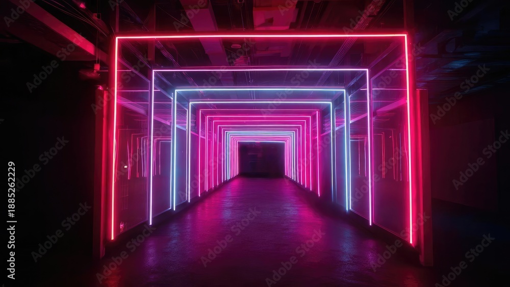 Fototapeta premium A neon tunnel made of glowing pink and blue square frames extending into the distance. Concept Neon Tunnel, Pink and Blue Glow, Geometric Squares, Depth and Perspective, Futuristic Vibe