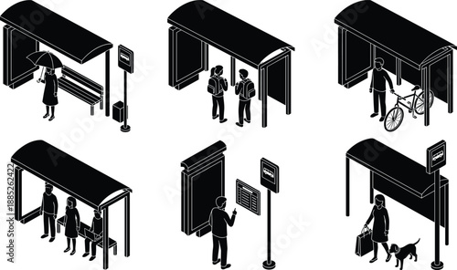 Silhouette people waiting at bus stop shelter, public transportation passengers with luggage, bicycles and pets, urban commuting scene with transit signage