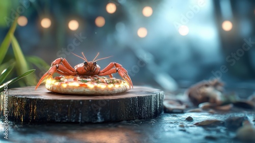 Sea podium with glowing lights, highlighting a seafood pizza in a fantastical marine-themed environment.