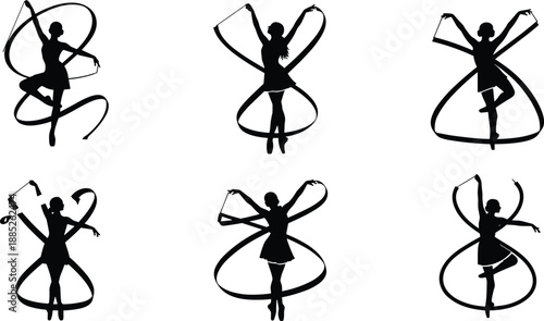 Silhouette rhythmic gymnast performing ribbon dance poses, graceful artistic gymnastics movement, elegant female athlete figures isolated on white background