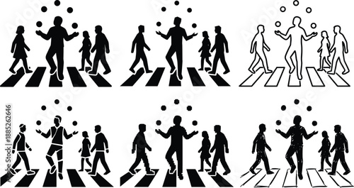 Silhouette street performer juggling balls while pedestrians cross crosswalk, urban entertainment scene with public audience, creative city performance art concept