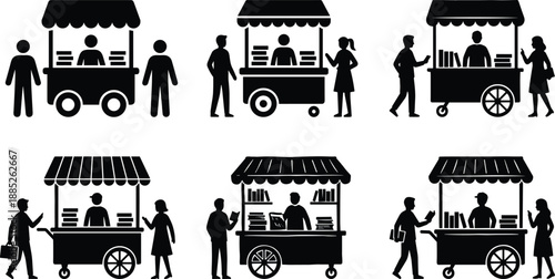 Silhouette street book vendor carts with customers buying books from mobile bookstore stands for education, reading, literature, retail and marketplace concepts