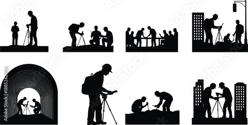 Silhouette surveyors and engineers using measurement equipment, collaboration and planning at construction sites, urban city development teamwork, professional surveying workflow
