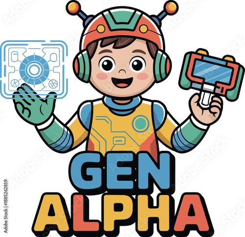 Gen Alpha vector cartoon with helmet, headphones, tech suit, holographic interface, futuristic device, and bold colorful text.