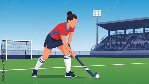 Field Hockey Player Action Vector Illustration - Athlete in Red and Blue Uniform on Green Field with Stadium Background