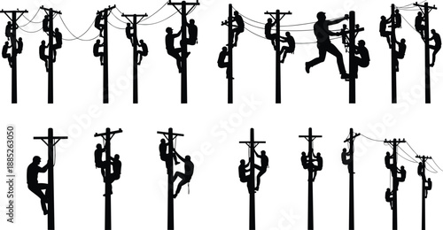 Silhouette utility line workers climbing electric poles and repairing power lines, electrical linemen maintenance crew performing high-voltage infrastructure service in outdoor field