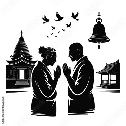 Silhouette illustration of monk and elderly person praying in front of pagoda temple with flying birds and hanging bell representing peace and traditional asian spiritual heritage