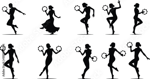 Silhouette woman dancing with tambourine poses, rhythmic movement, folk and flamenco style dance figures, black female dancer isolated on white background