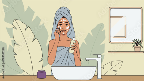Vector illustration of a woman applying face cream in a bathroom with plants