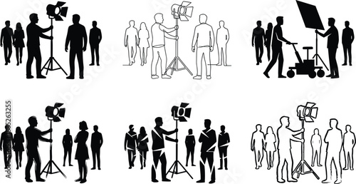 Silhouettes of film lighting technicians adjusting studio lights surrounded by people, production crew, extras, media filmmaking, cinematography and entertainment industry scenes