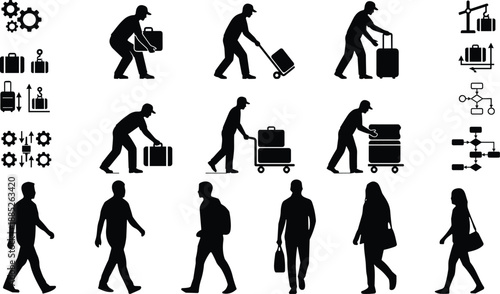 Silhouettes of luggage handlers moving suitcases and travelers walking with bags, workflow icons, airport baggage handling, logistics, travel and transportation concepts