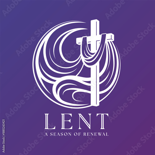 Lent a senson of renewal - White cross with fabric hanging and fluttering to circle shape on purple background vector design