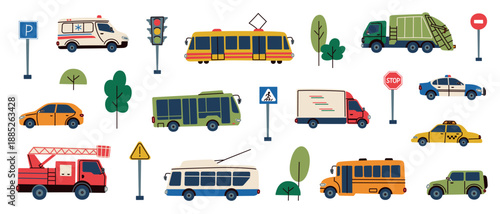 City transport set in bright kids style with vehicles, road signs and trees. Flat cartoon vector illustration for education, traffic safety learning, kids books, posters, apps, playful urban theme