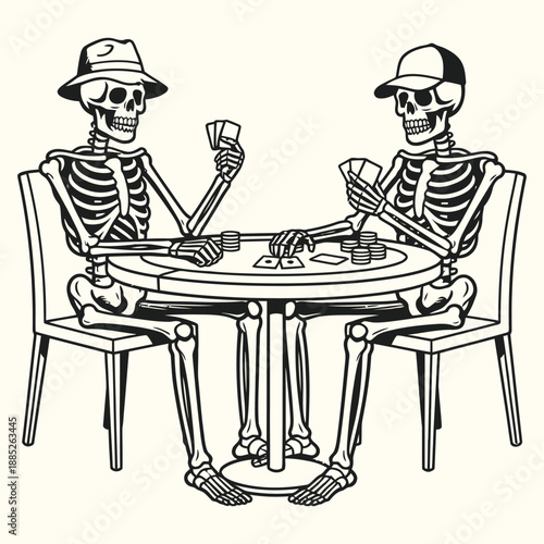 Skeletons Playing Poker Vector Illustration Isolated on White