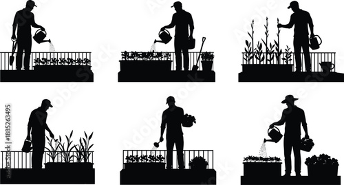 Silhouettes of people watering and tending balcony garden plants, urban gardening, horticulture, vegetable growing, sustainable food and outdoor plant care concepts