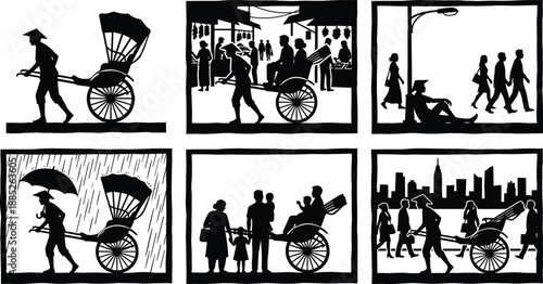 Silhouettes of rickshaw pullers transporting passengers through markets and city streets in various weather, traditional urban transport, tourism and cultural scenes