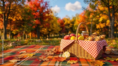 Cozy Autumn Picnic Basket with Apples and Honey in Vibrant Fall Park
