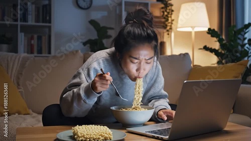 Woman Eating Noodles While Using Laptop at Home.
