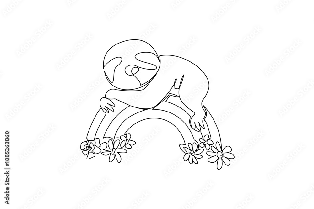 Fototapeta premium Single line drawing of sweet and slow moving sloth resting gracefully on top of a rainbow arc decorated with blooming flowers. Nature concept for cute jungle animal, ideal for nursery wall art