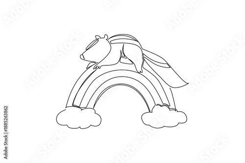 Continuous line draw of cute and adorable skunk with striped tail resting peacefully on rainbow with clouds. Nature concept for cute woodland animal, unique for kids room art and wildlife appreciation