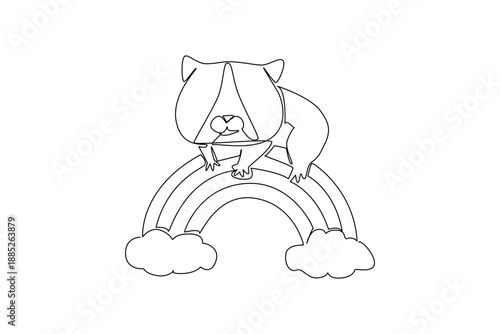 One line drawing of round charming hamster resting comfortably across a rainbow arc grounded by soft clouds. Nature concept for cute rodent pet animal, charming for nursery wall art and kids poster
