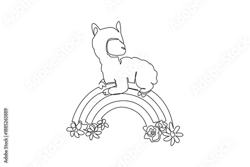 Continuous line draw of fluffy lovable alpaca napping peacefully on a rainbow arc decorated with blooming flowers. Nature concept for cute farm animal, unique for nursery prints and kids room decor