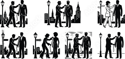 Tailor measuring client in city street, fashion fitting silhouettes with tape measure, bespoke tailoring service, clothing alterations and professional style concepts