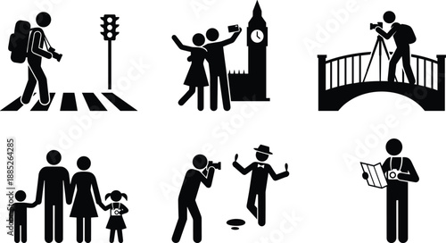 Tourist silhouettes with cameras exploring city landmarks, taking photos, sightseeing with family, crossing streets and reading maps during travel adventures