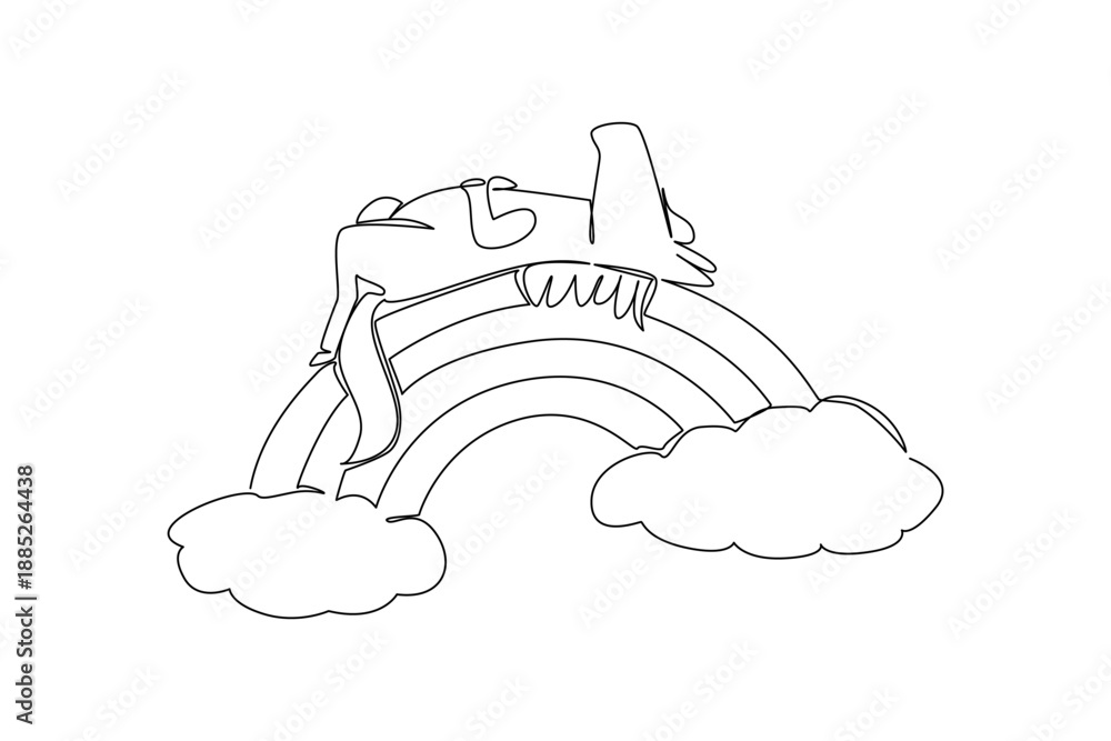 Fototapeta premium Single line drawing of playful wild horse lounging gracefully in supine position atop rainbow arc, with fluffy soft cloud. nature concept farm animal theme, ideal for nursery print and kids room decor