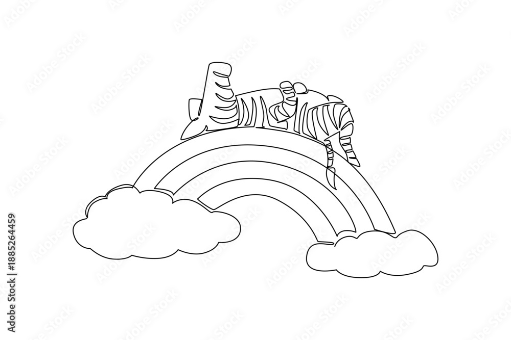 Obraz premium One line drawing of cute adorable zebra sleeping in a supine position on the rainbow. Unique artwork, wild mammal resting above the clouds. Nature concept wildlife animal for kids nursery decor