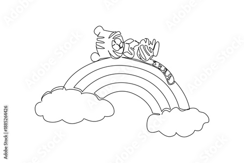 Continuous line drawing of charming and playful baby tiger napping comfortably in supine position across rainbow arc grounded by soft clouds. Nature concept wildlife mammal for children clothing