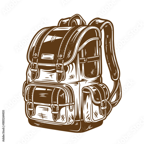 Drawing Vintage grunge  texture Brown leather backpack with multiple pockets and zippers  illustration of a travel bag with shoulder straps and buckles