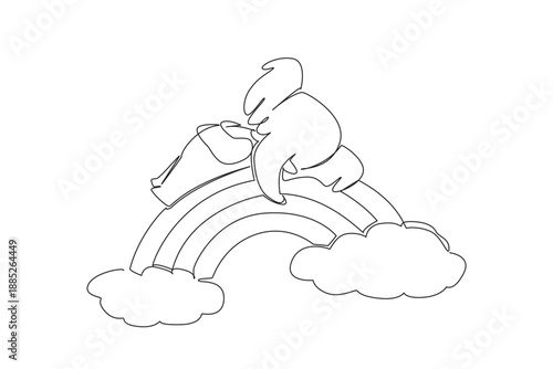 One line draw of whimsical cute large elephant sleeping in a supine position peacefully on a rainbow arc with fluffy clouds. Nature concept wildlife animal, suitable for kids nursery wall decor room