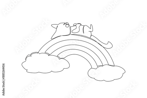 Continuous line drawing of sweet lovable pet cat resting its head while in a supine position on a rainbow arch positioned between two clouds. Nature concept, a pet theme for International Cat Day