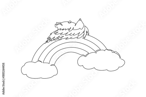Single line drawing of charming prickly tiny hedgehog lying on its back in a supine position atop a floral rainbow arc with fluffy soft clouds. Nature concept a woodland animal for children clothing