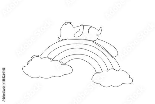 One line drawing of whimsical hardworking beaver relaxing in a supine position on a rainbow arc between two clouds. Nature concept wildlife creature, perfect for nursery print and kids wall decor