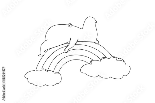 Continuous line drawing of adorable hippo sleeping in supine position on the rainbow. Unique artwork features the wildlife mammal resting above soft fluffy clouds, ideal for cute kids sticker layout