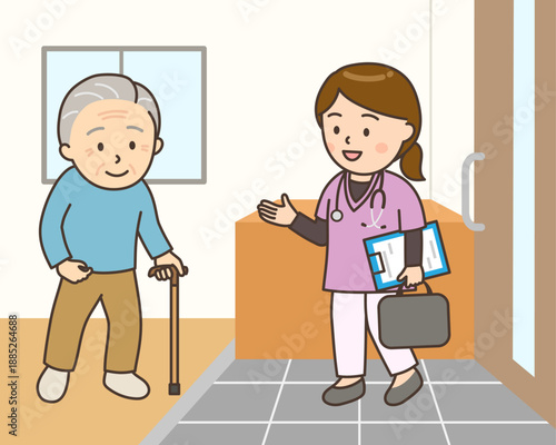 在宅医療で自宅を訪ねる女性看護師とおじいさん
