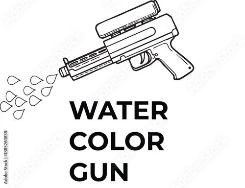 Water gun spraying droplets with WATER COLOR GUN text playful artistic black and white vector illustration