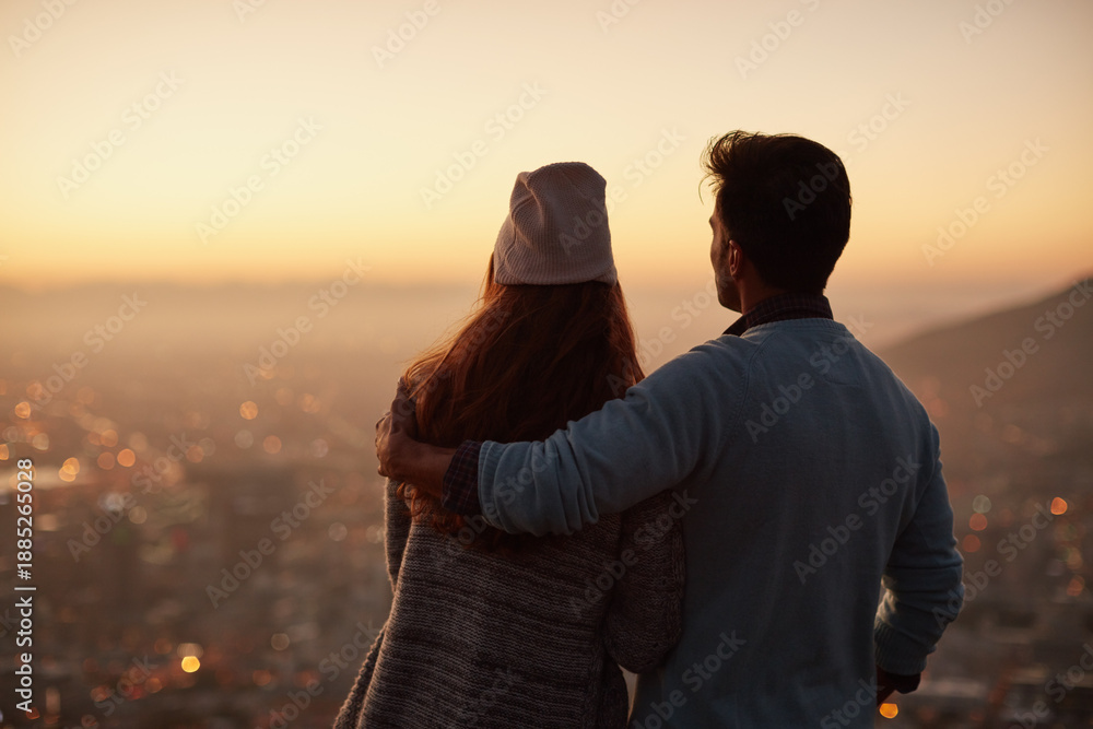 Fototapeta premium Back, sunset and couple with love, hug and romantic view with break, Valentines day and calm. Outdoor, man and woman with embrace, marriage and dawn with date, bonding together and relax in Australia