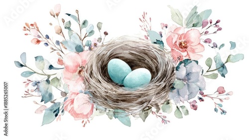 A bird's nest with two blue eggs, surrounded by pastel watercolor flowers. Concept Bird's nest, Two blue eggs, Pastel watercolor flowers, Nature photography, Soft color palette