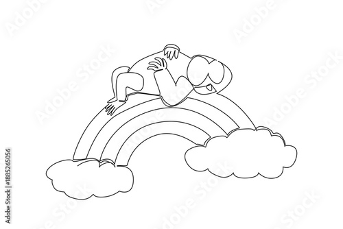 Single line drawing of peaceful strong baby gorilla napping comfortably in supine position on vibrant rainbow arch situated between two soft clouds. Nature concept jungle theme for World Gorilla Day