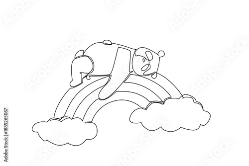 Continuous line drawing of lovable fluffy giant panda bear napping in supine position on vibrant rainbow arc resting between two white clouds. nature concept bamboo forest theme for National Panda Day
