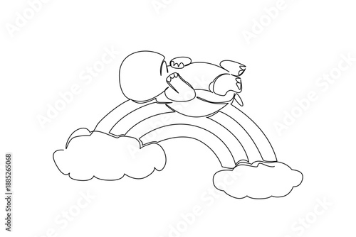 Single line drawing of slow and steady tortoise napping supine on its back on a rainbow with fluffy soft clouds. Nature concept reptile theme for World Turtle Day and kids sticker design