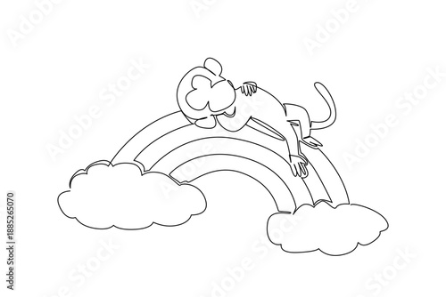 One line drawing of playful brown monkey relaxing on its back in a supine pose on top of a bright rainbow arc with fluffy clouds. Nature concept primate theme for World Monkey Day and kids tshirt